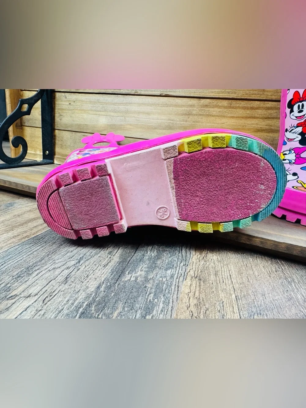 Disney Pink Minnie Mouse Kids Rain Boots with Bow Handle Kids 9-10